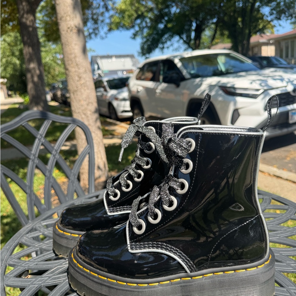 Dr. Martens (Molly) Black Patent Leather Boots with Glitter Laces